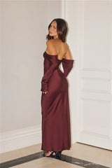 Elegant Chic Off Shoulder Long Sleeve Satin Maxi Dress