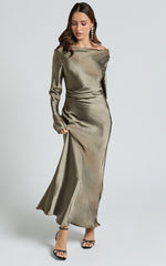 Arriana Midi Dress - Long Sleeve Cowl Back Satin Dress in Dark Olive