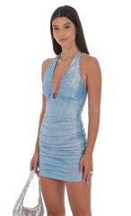 Metallic Plunge Neck Bodycon Dress in Blue