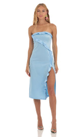 Satin Strapless Midi Dress in Blue