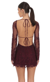 Lace Open Back Long Sleeve Dress in Burgundy