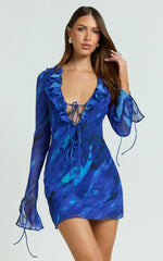 Alesya Mini Dress Ruffle Plunge Neck Long Sleeve Tie Detail Dress in Blue Abstract