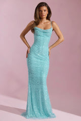 Embellished Cowl-Neck Backless Maxi Dress in Aqua Blue