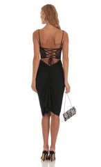 Mesh Shimmer Cutout Midi Dress in Black