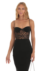 Mesh Shimmer Cutout Midi Dress in Black