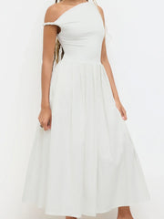 Cotton-blend Asymmetrical Neck Ruched Twist Pleated Maxi Dress