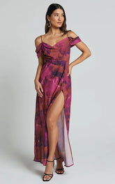 Keira Midi Dress - Draped Off the Shoulder Dress in Electric Cloud - Purple