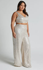 Abela Two Piece Set - Crop Top and Wide Leg Pants Set in Silver Sequin