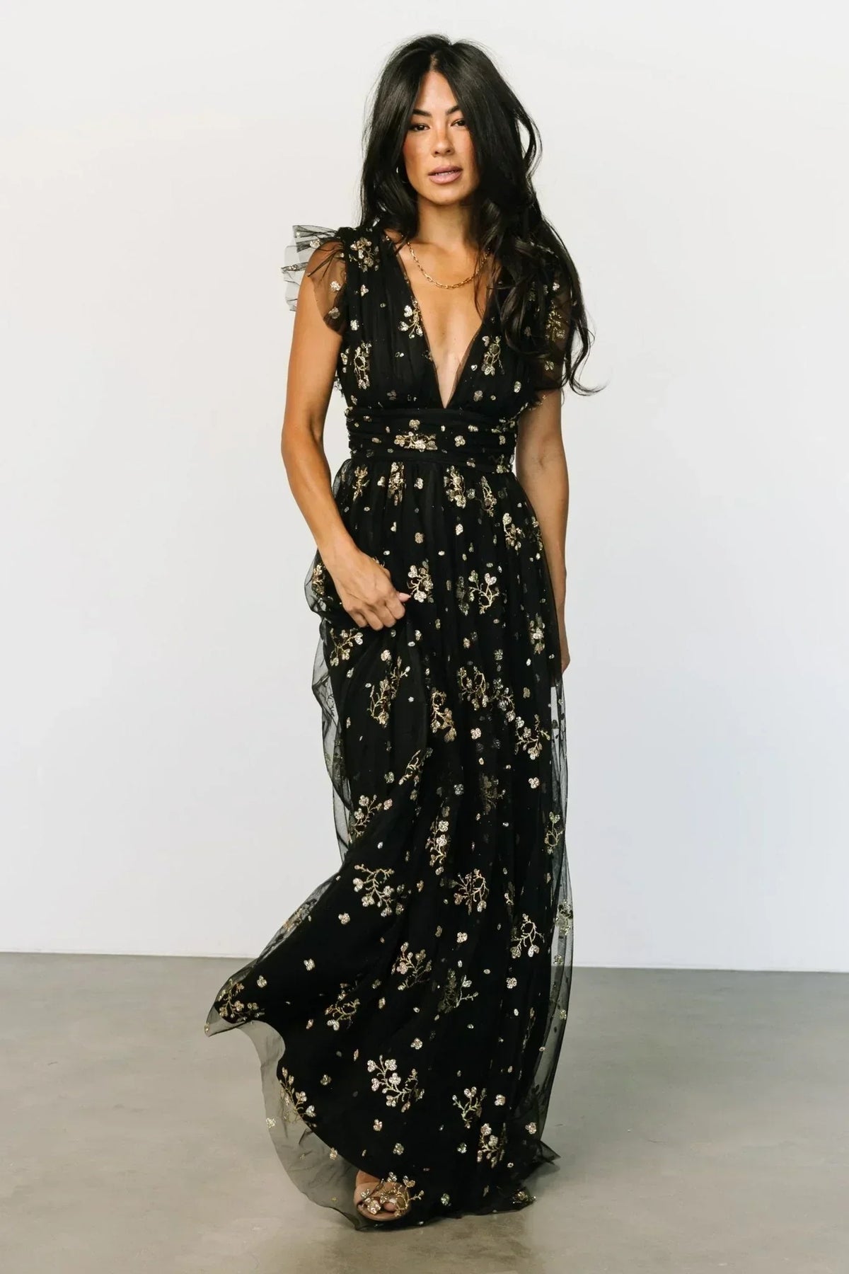 Natalia Floral Embellished Maxi Dress | Black + Gold