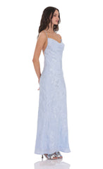 Floral Jacqaurd Cowl Neck Maxi Dress in Light Blue