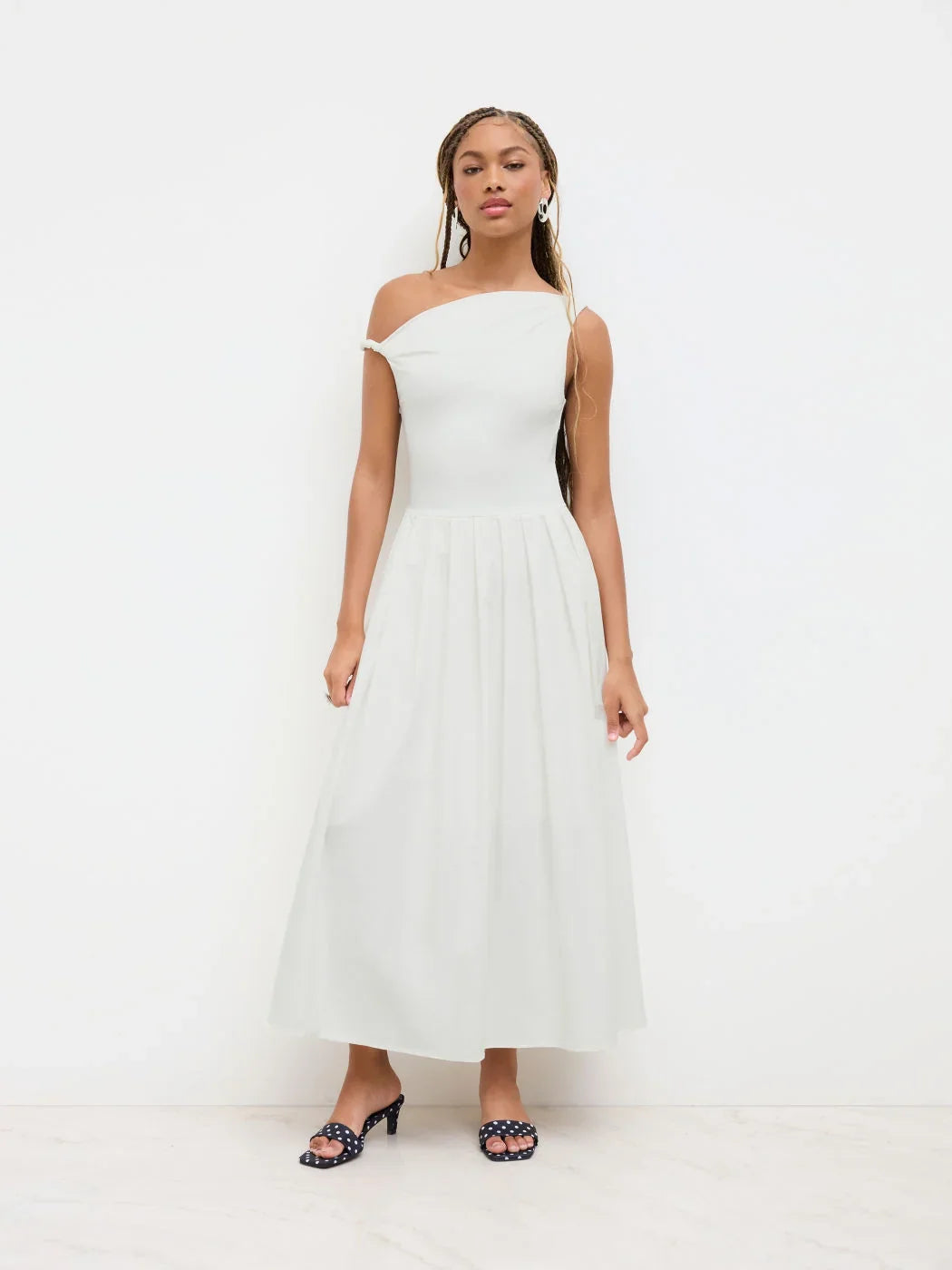 Cotton-blend Asymmetrical Neck Ruched Twist Pleated Maxi Dress