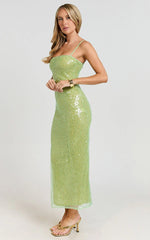 Sierra Midi Dress - Sequin Square Neck Bodycon Dress in Green