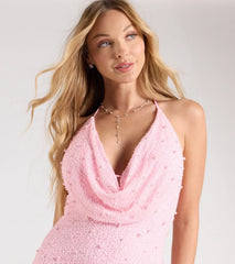 Guinevere Beaded Cowl Halter Mini Dress