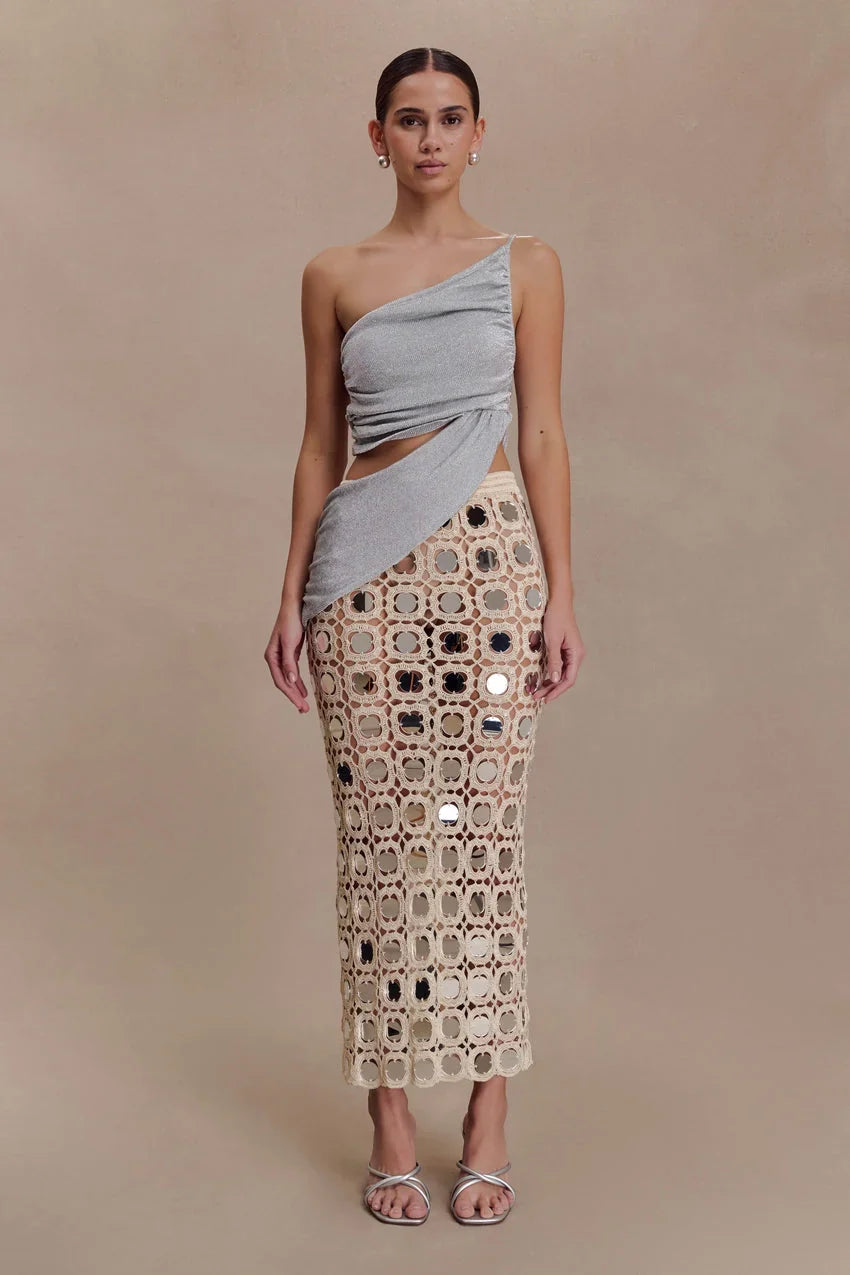 Noel Mirror Knit Midi Skirt - Beige