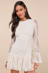 Darling Era Ivory Lace Applique Long Sleeve Ruffled Mini Dress